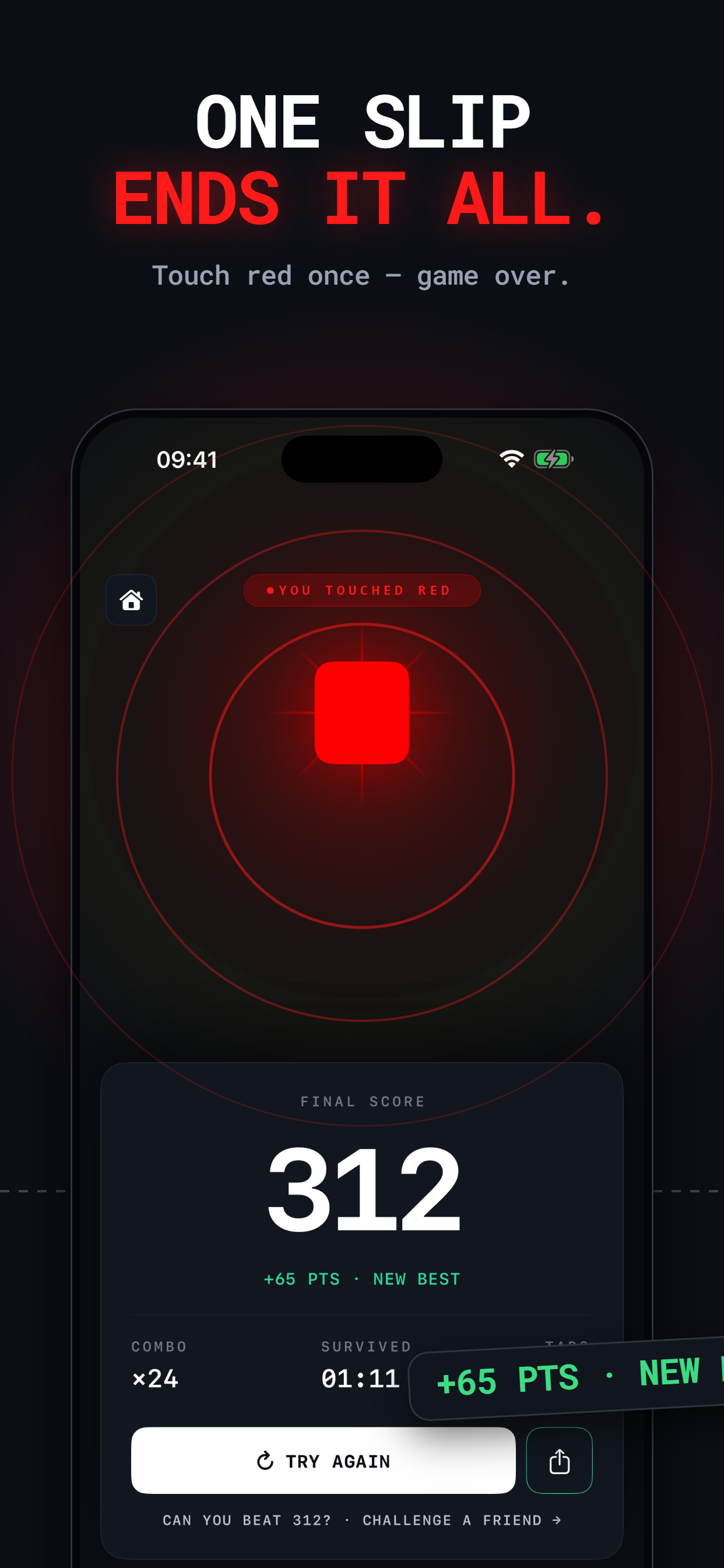 One slip ends it all — game over screen with final score 312 and Try Again button