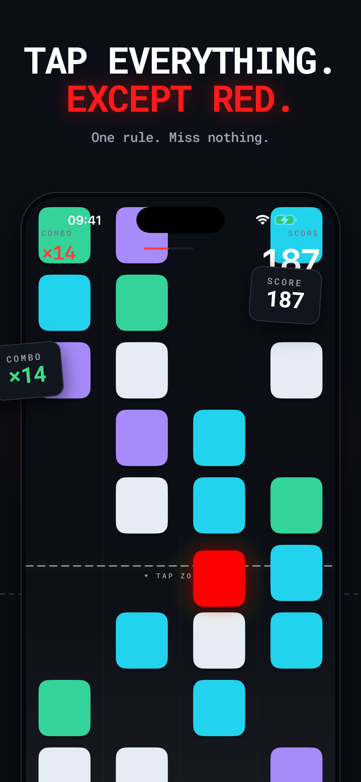 Tap everything except red — gameplay screen showing coloured tile grid with one red danger tile