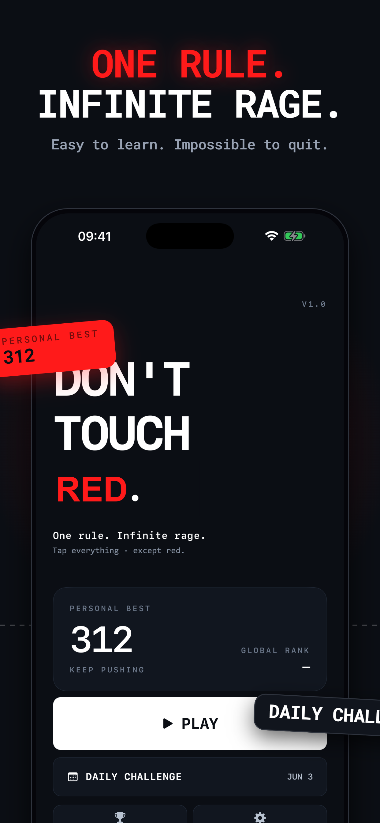 One rule, infinite rage — main menu showing personal best score and large Play button