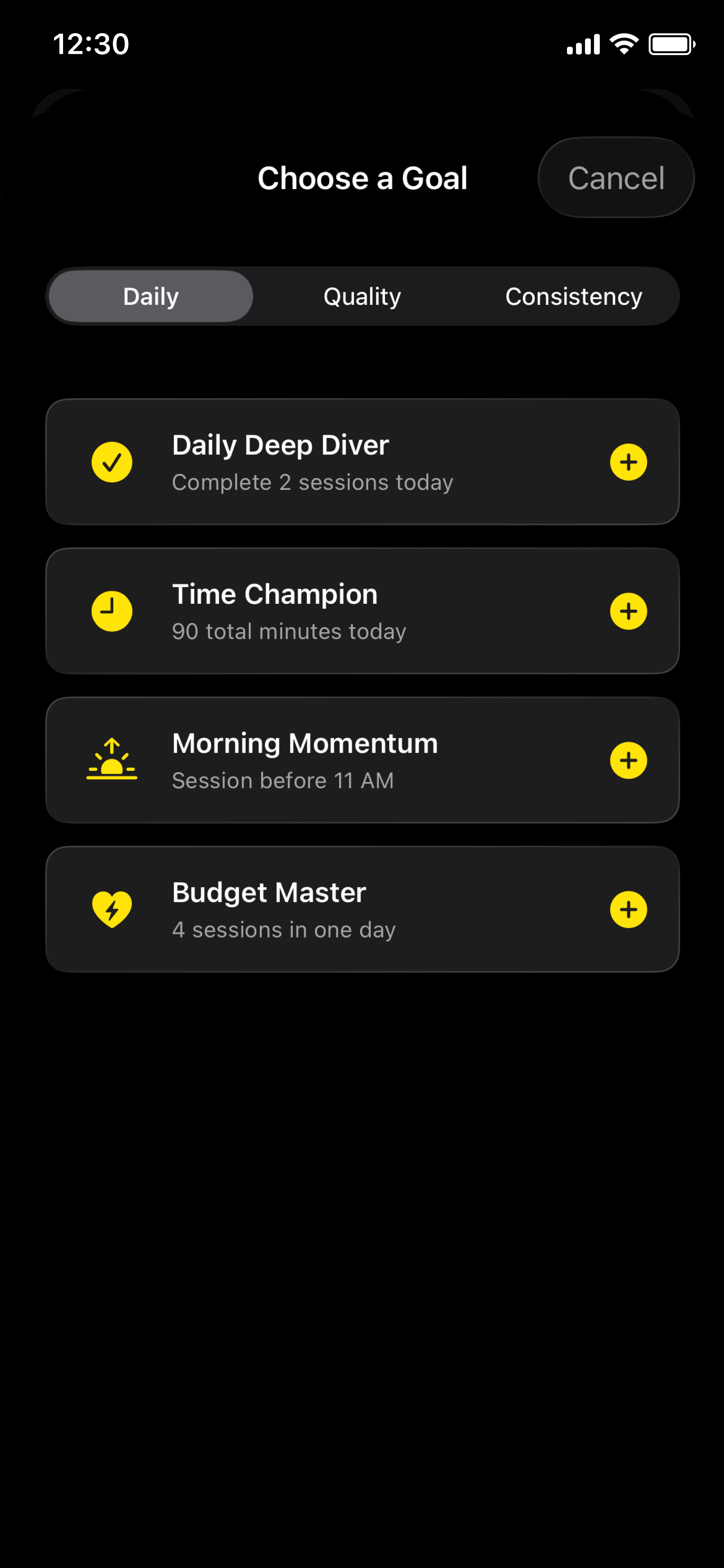 DepthWork iOS app goals screen — setting a session intent before starting deep work.