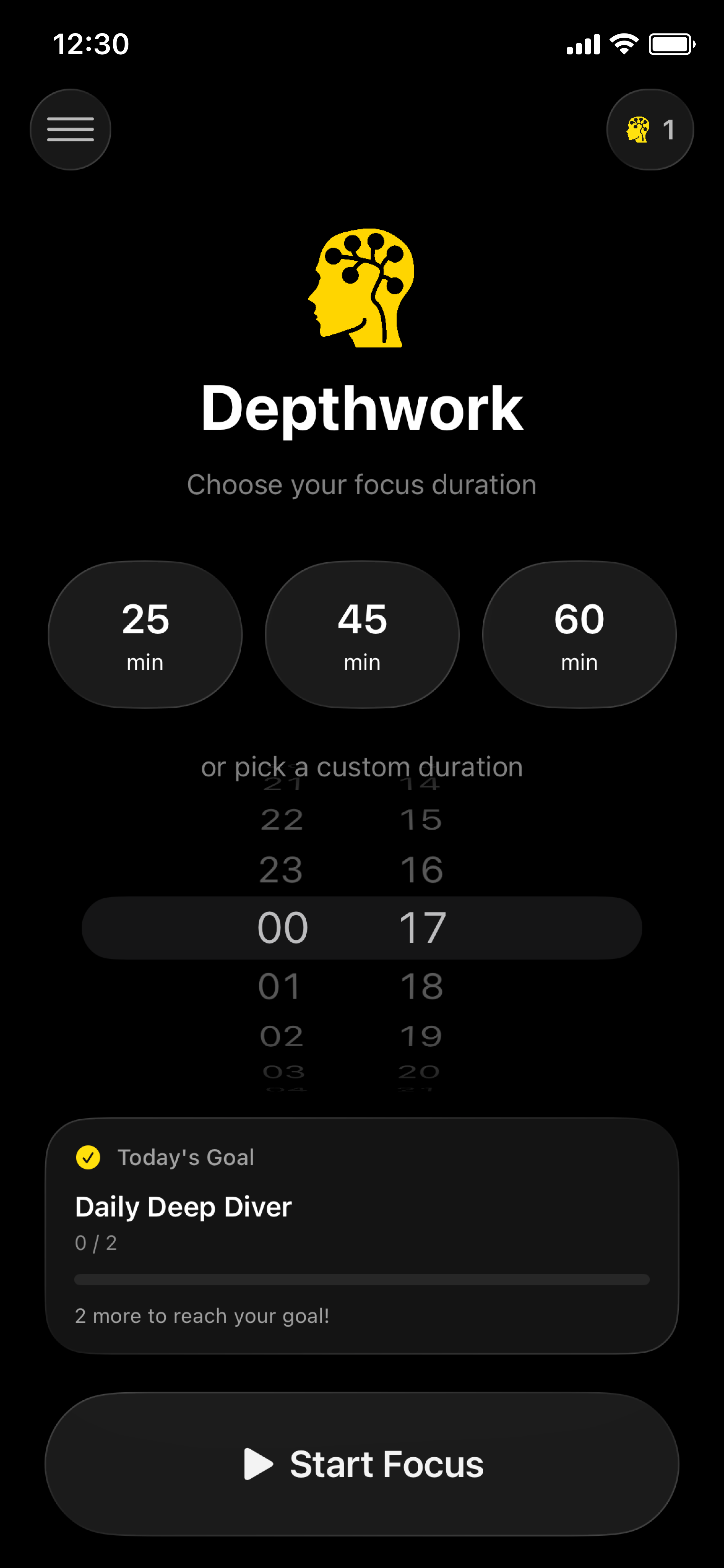 DepthWork iOS app main screen.