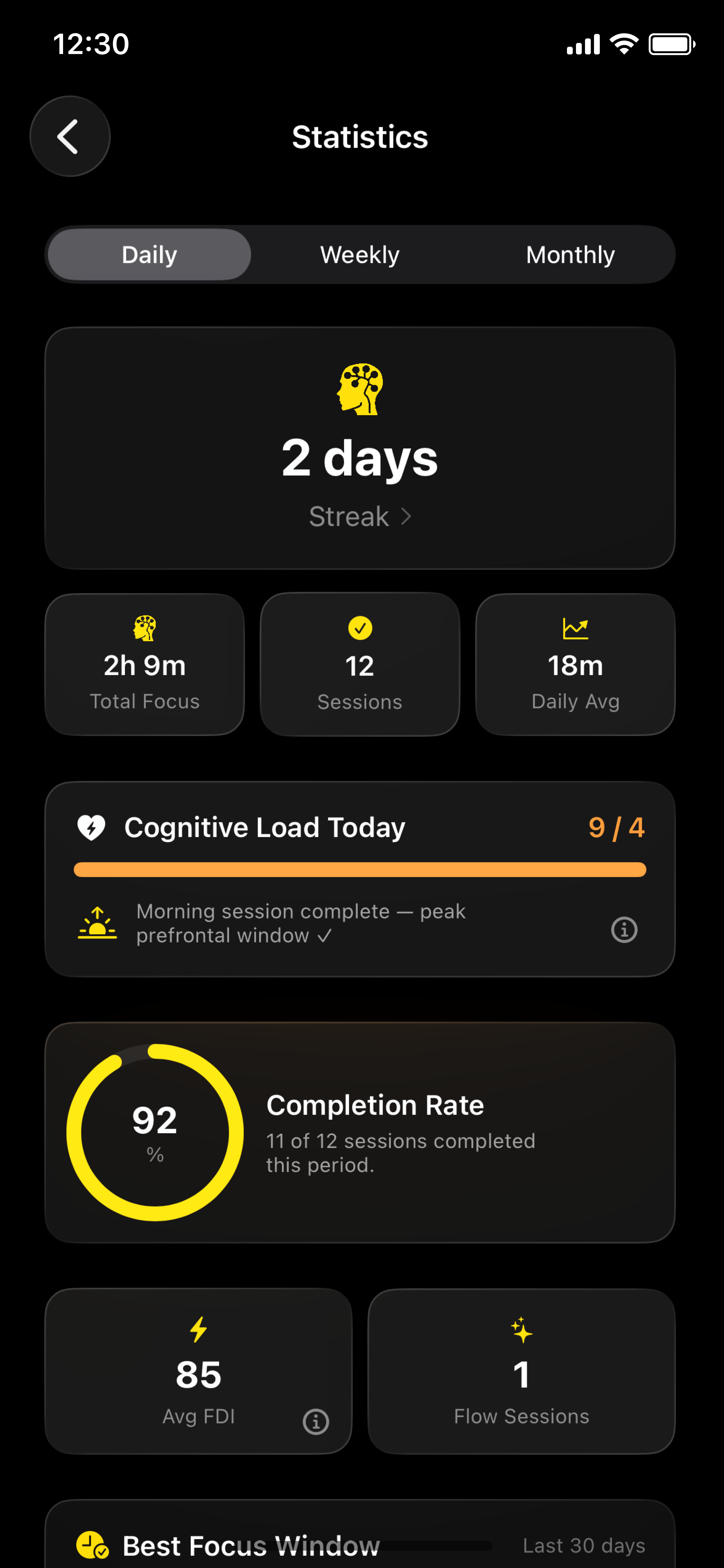 DepthWork iOS app session overview screen showing completed focus session details.